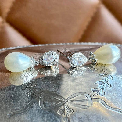 Christine, Crystal Pearl Drop Earrings in Silver