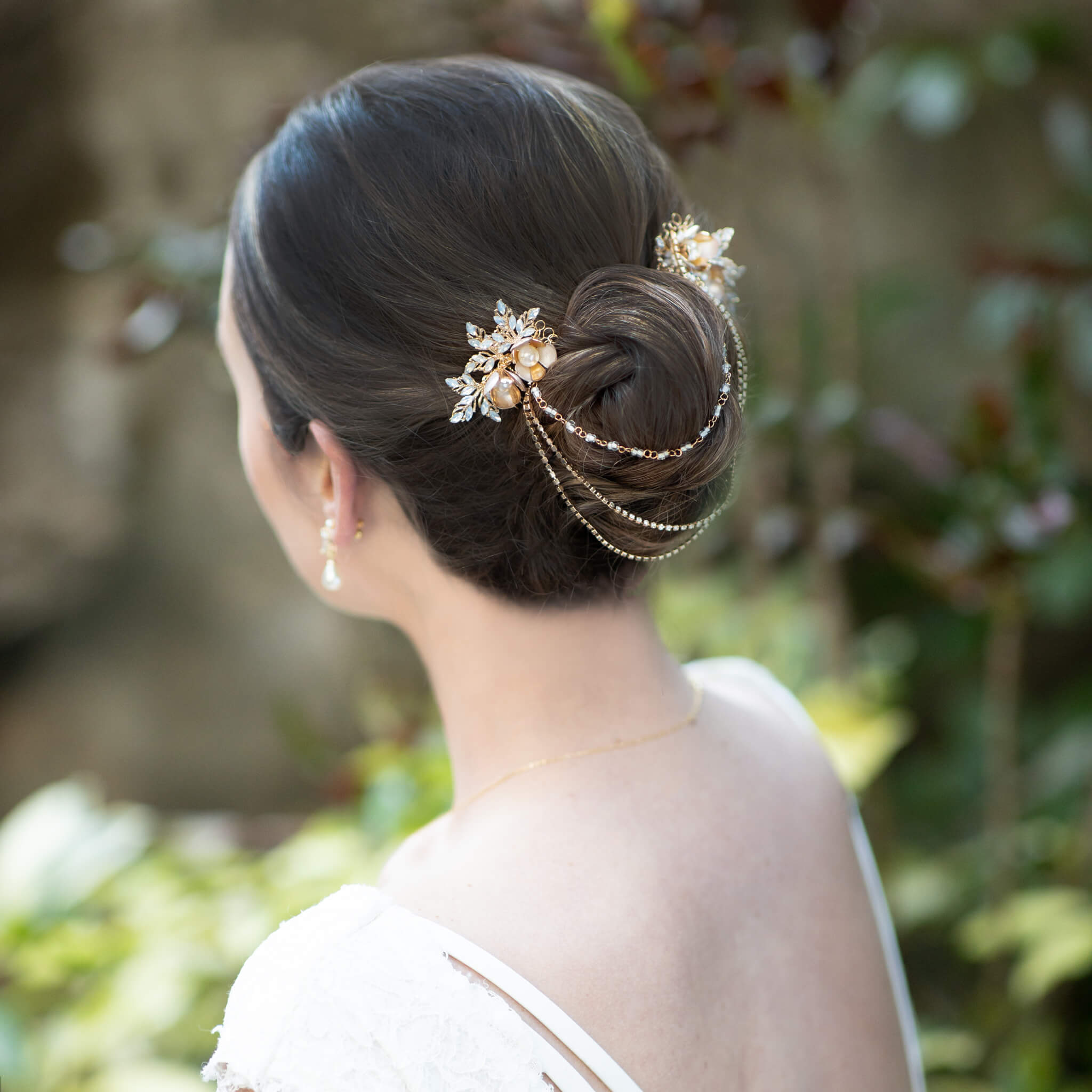 Jules Bridal - Haisley, Goldtone Vintage Design Hair Drape with Pearl, Flower Blossoms and Opal