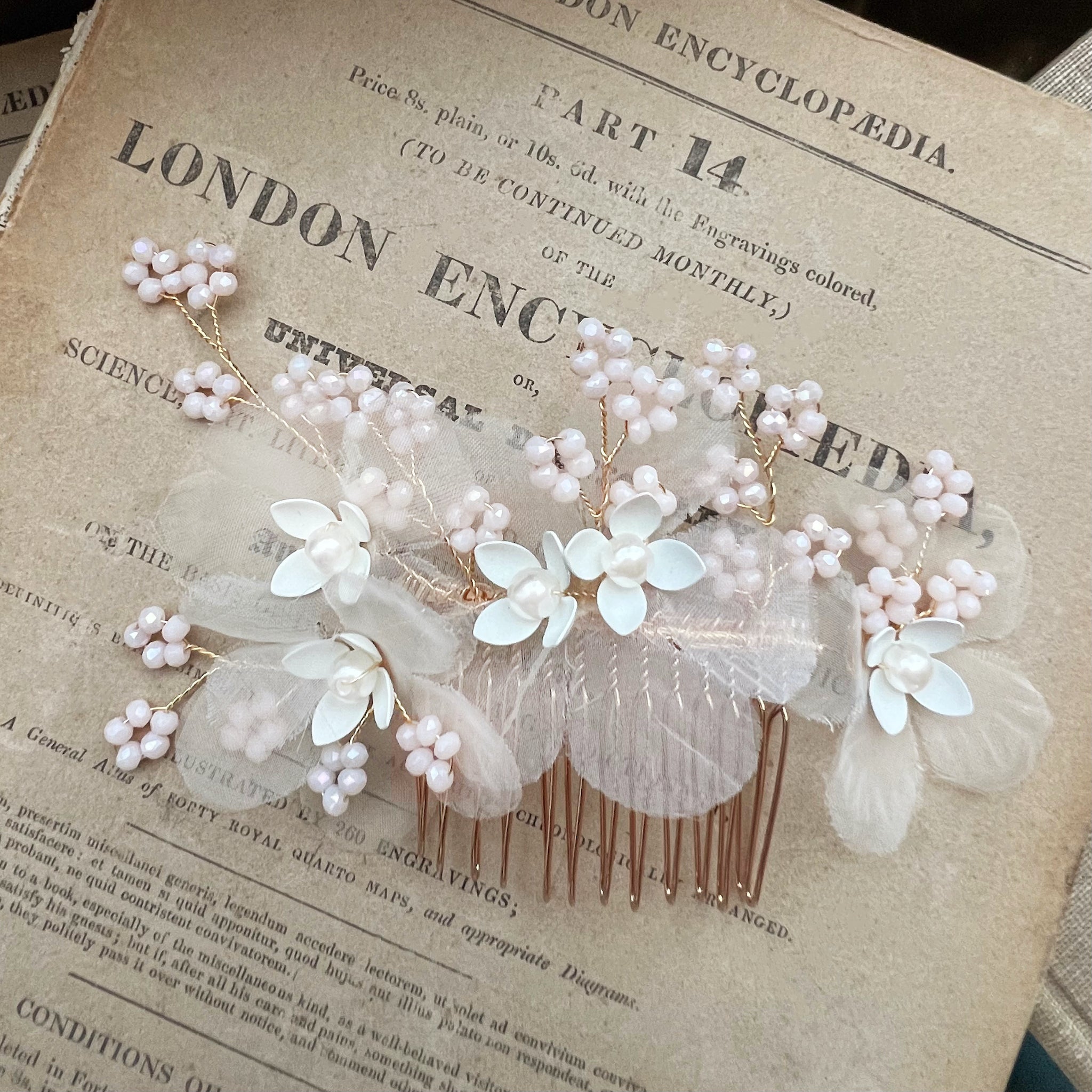 Jules Bridal - Lilac, Chiffon Floral Hair Comb with Pearls & Beading Set
