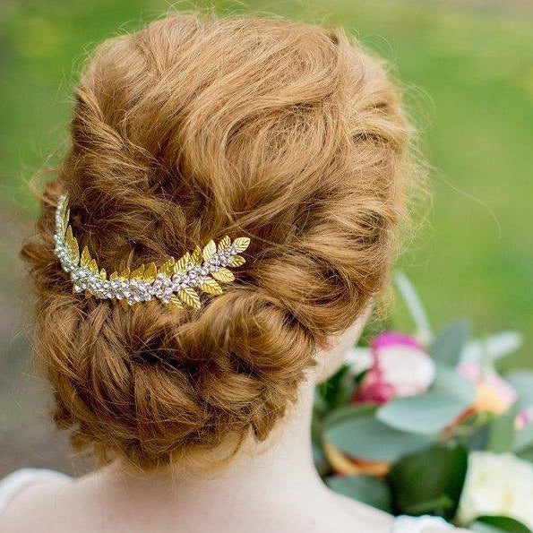 Wedding Hair Combs - Handmade Gold Rustic Style Leaf & Rhinestone Headpiece, Laurel
