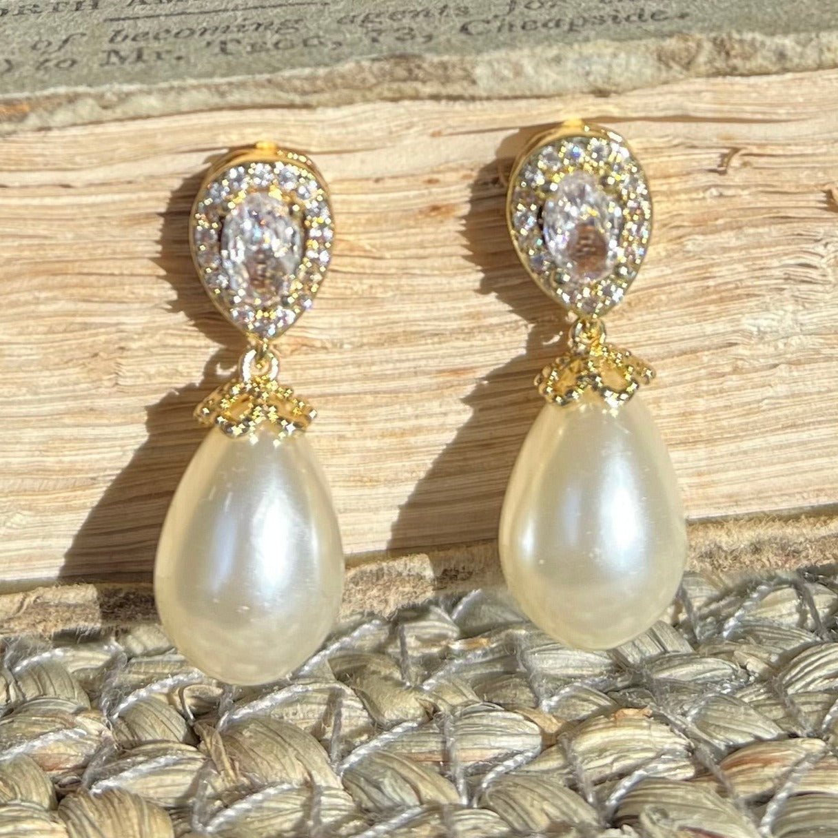 Christine, Crystal Pearl Drop Earrings in Gold