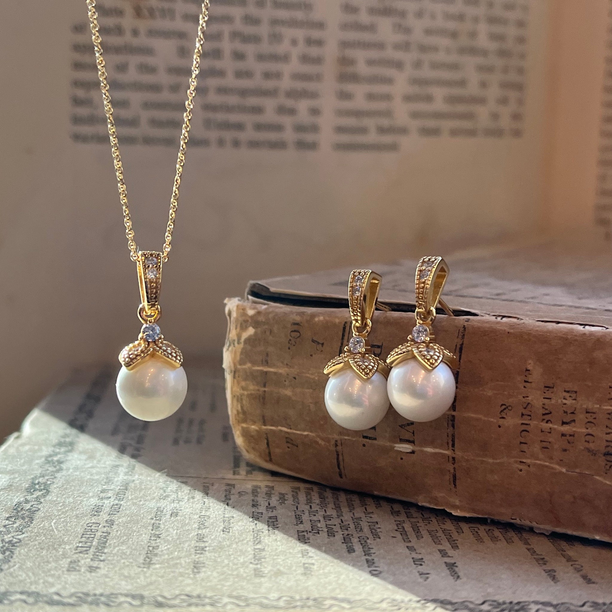 Ariel Wedding Jewellery Set, Gold Crystal Pearl Drop Pendant & Earring ...