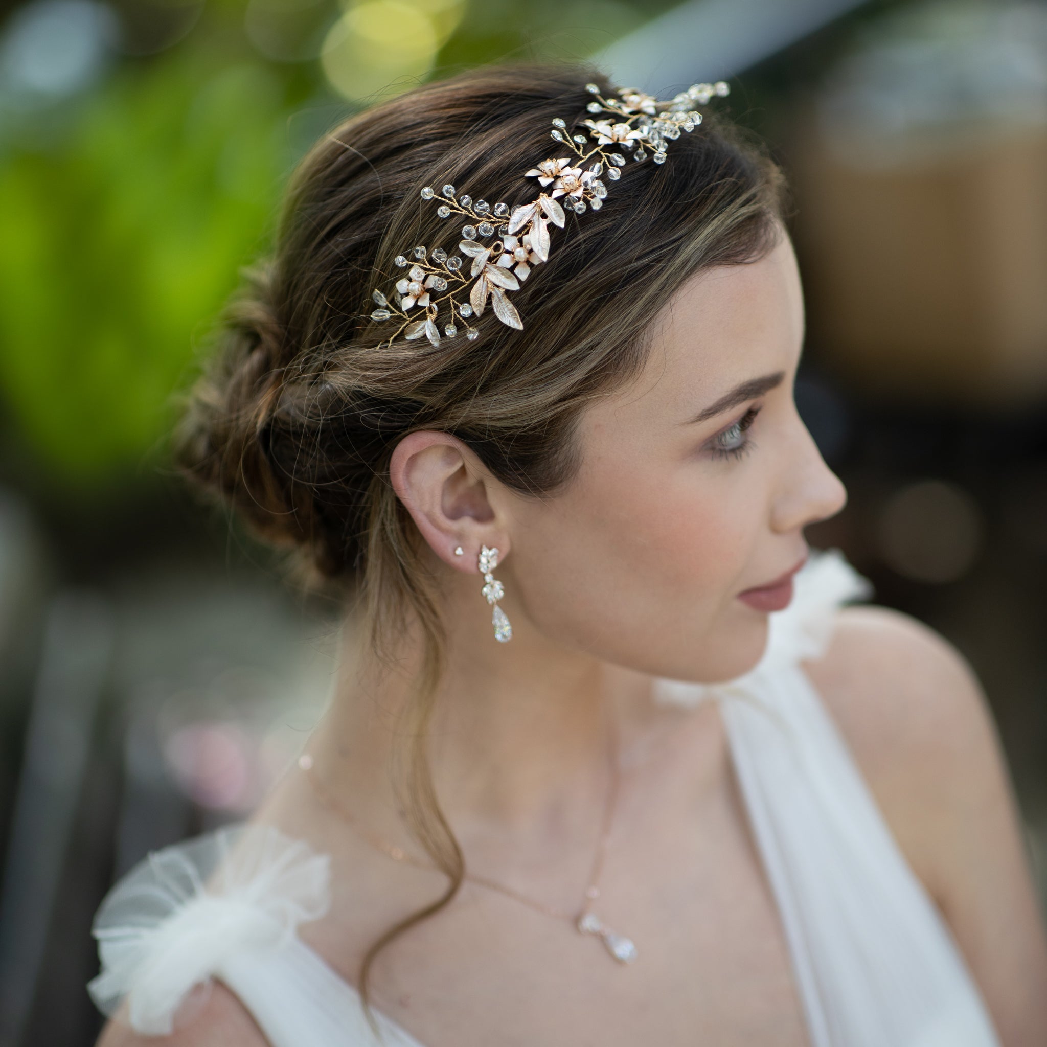 Jules Bridal - Dianthe, Grecian Goddess Crystal Hair Vine in Gold with Pearls and Floral Motifs