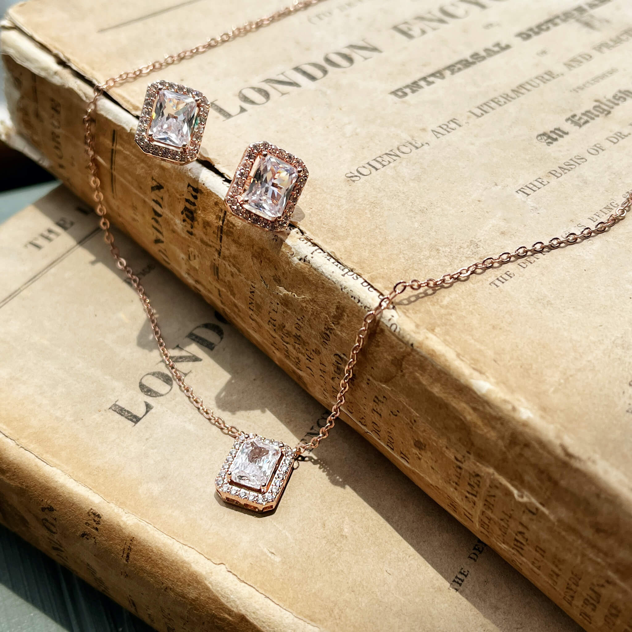Elsa, Rose Gold Emerald Cut Crystal Earrings and Necklace Set