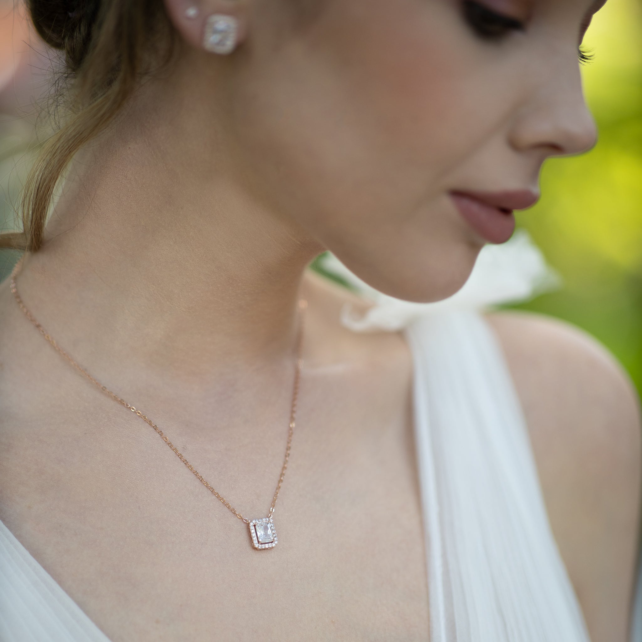 Jules Bridal - Elsa, Rose Gold Emerald Cut Crystal Necklace