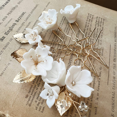 Jules Bridal - Kalmia, White Ceramic Floral Hair Pin Set