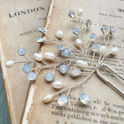 Jules Bridal - Linnea, Opal and Pearl Hair Pin in Silver