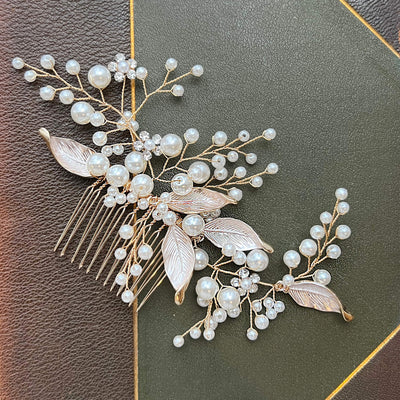 Jules Bridal - Maisie, Golden Leaf Hair Comb with Pearls & Crystals