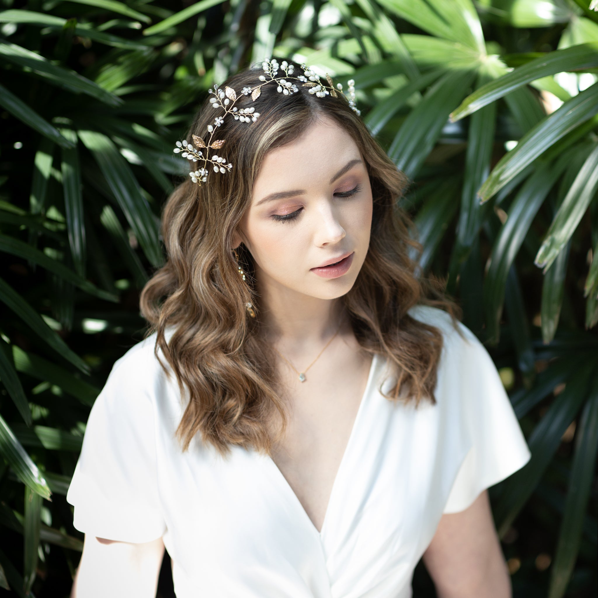 Jules Bridal - Niamh, Gold Hair Vine with Pearls and Crystals